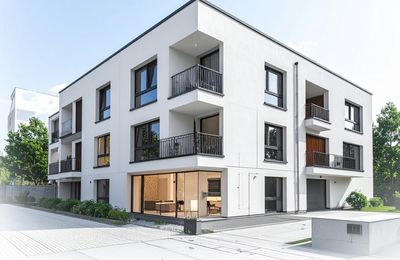 Decentralised ventilation unit in a modern external wall for building type E – designed for straightforward construction and reliable building protection.