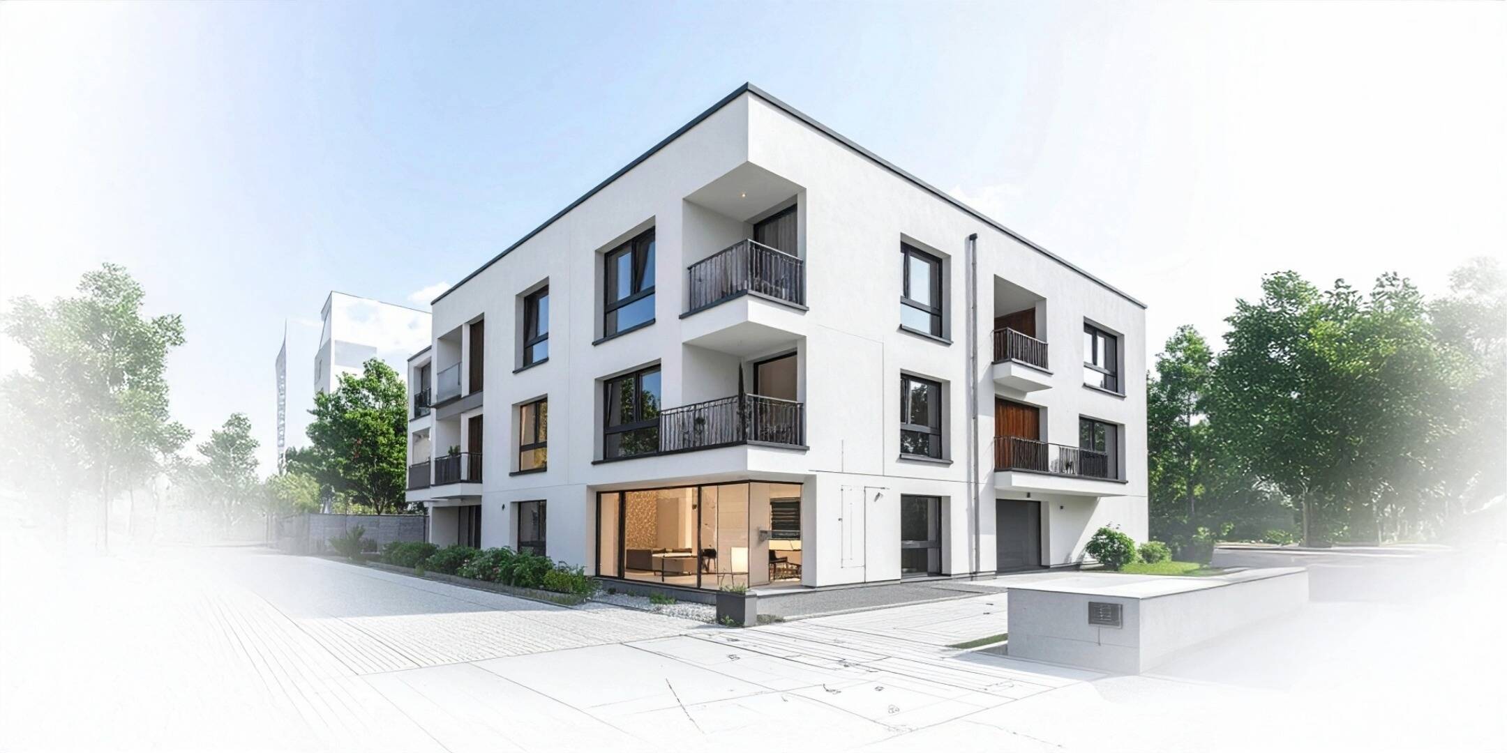 Moderne Architektur nach Gebäudetyp E Standard mit dezentraler Wohnraumlüftung zur Vermeidung von Feuchteschäden.